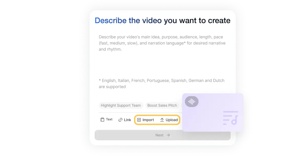 Audio to video tool lets you describe your project and automatically generate a video from your audio file.